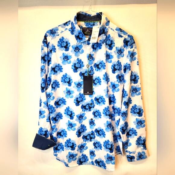 Men's New Blue Floral Shirt Button-Up Wrinkle Free Tropical Size XL - Picture 1 of 11